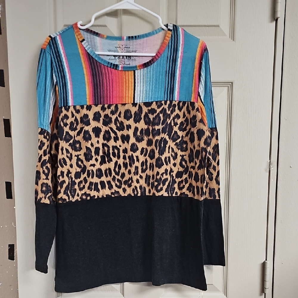 Colorful Striped and Leopard Print Long Sleeve Top